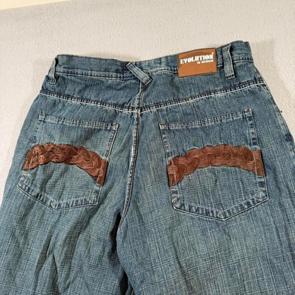 Y2K Evolution Blue‎ Denim Baggy Shorts Skater Streetwear Embroidered 36